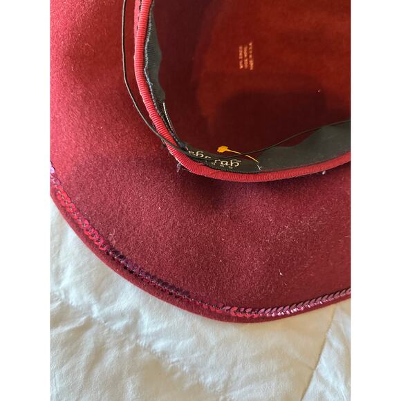 Deborab Fedora Hat Wide Brim Feathers Wool Burgundy